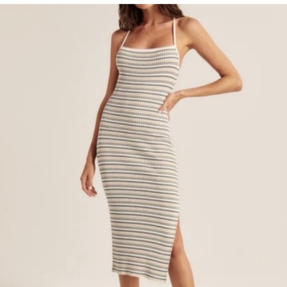 Abercrombie & Fitch Striped Cream and Gray Midi Dress